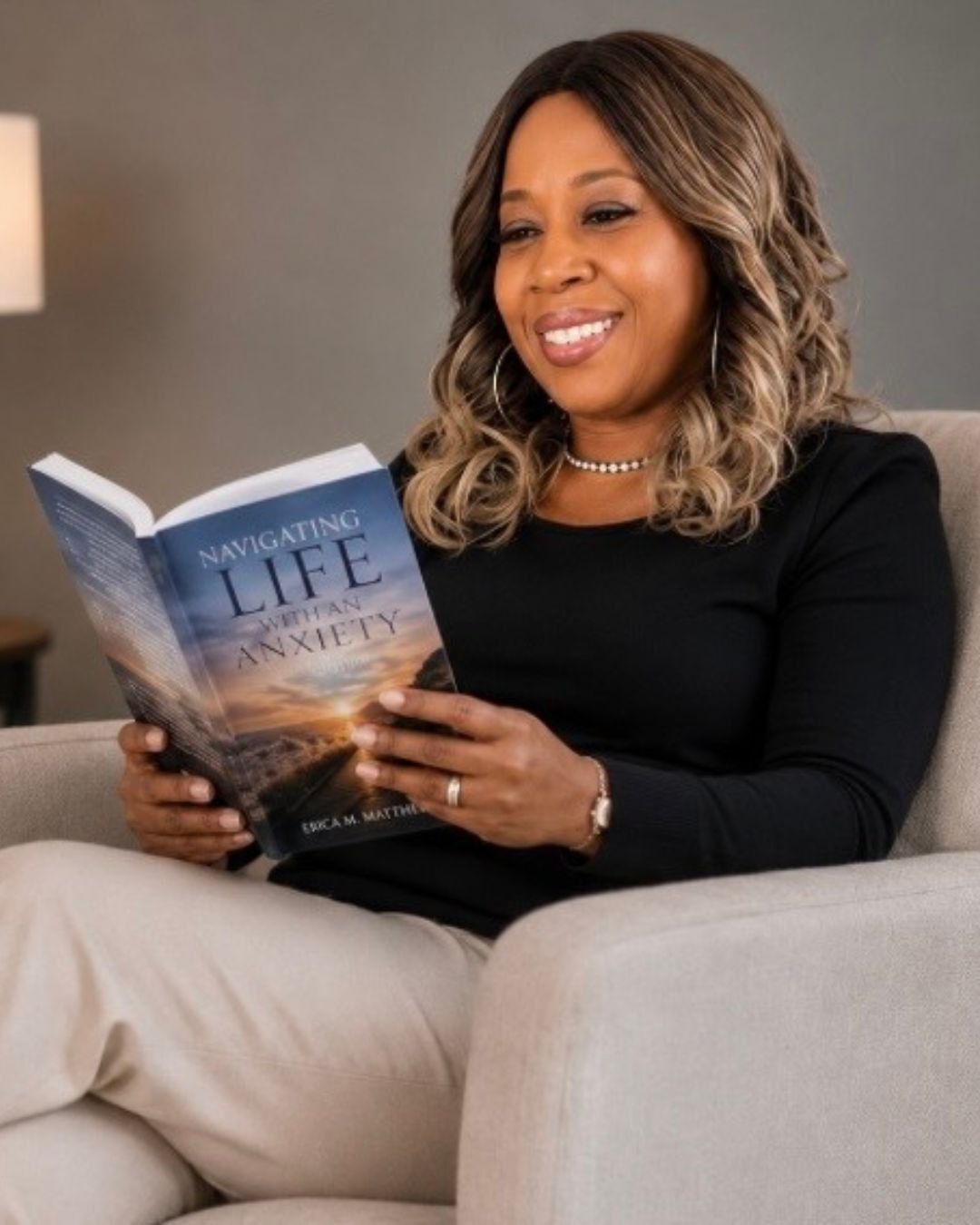 Erica Matthews holding Navigating Life With Anxiety